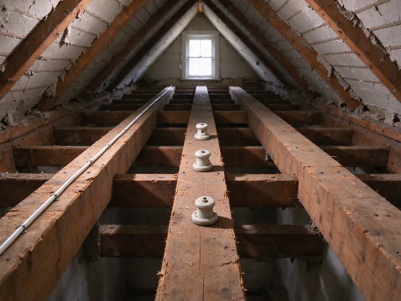After: the same attic joists with a new white cable stapled straight along the left joist, the old knobs untouched