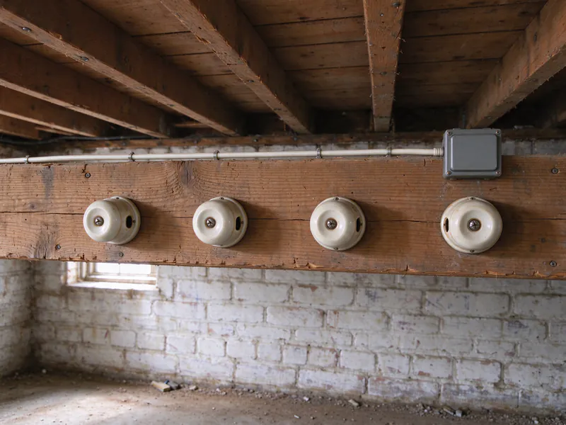 After: the same beam with a new white cable stapled along its upper face into a covered steel junction box, the old knobs left in place