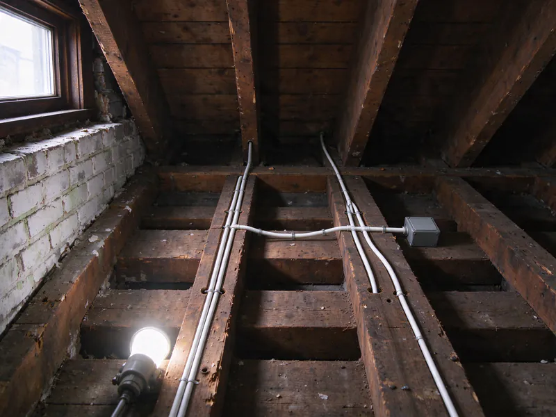 After: the same joists with the old wiring and knobs removed and new white cables stapled along the framing into a covered junction box