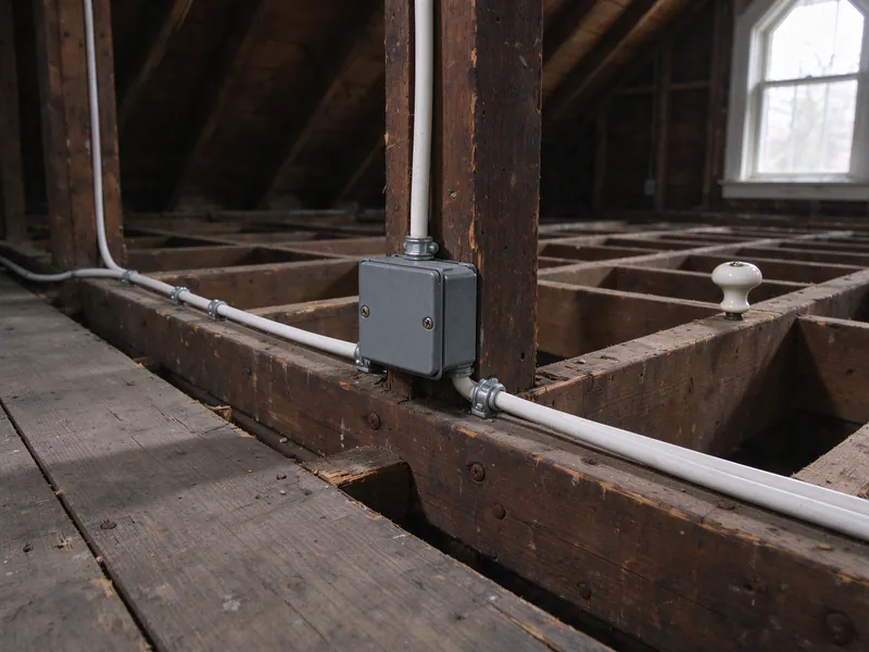 Attic framing with new white cables clamped into a covered steel junction box on a post and one empty old porcelain knob nearby