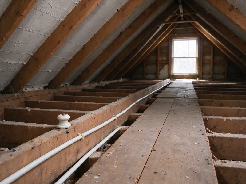 Attic of an older Philadelphia house with one empty old porcelain knob on a joist and a new white cable stapled along the framing