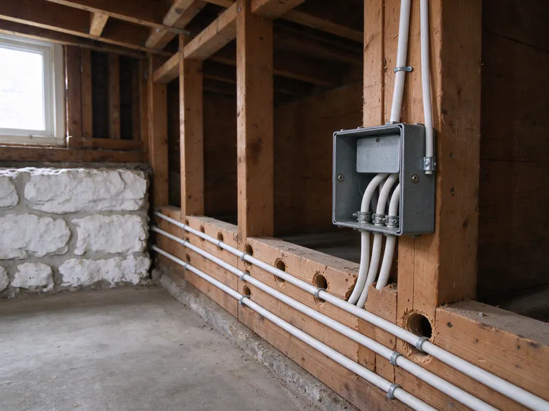 Basement ceiling in an old rowhouse with new white cables run along the joists into a covered steel junction box beside a whitewashed stone wall