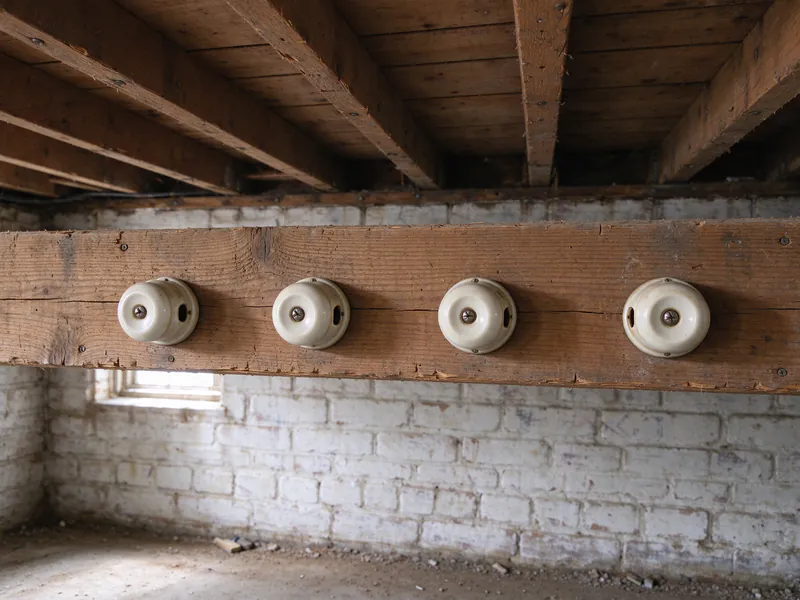 Before: a basement beam in an old Philadelphia rowhouse with four empty porcelain knobs and no wiring, whitewashed brick wall behind