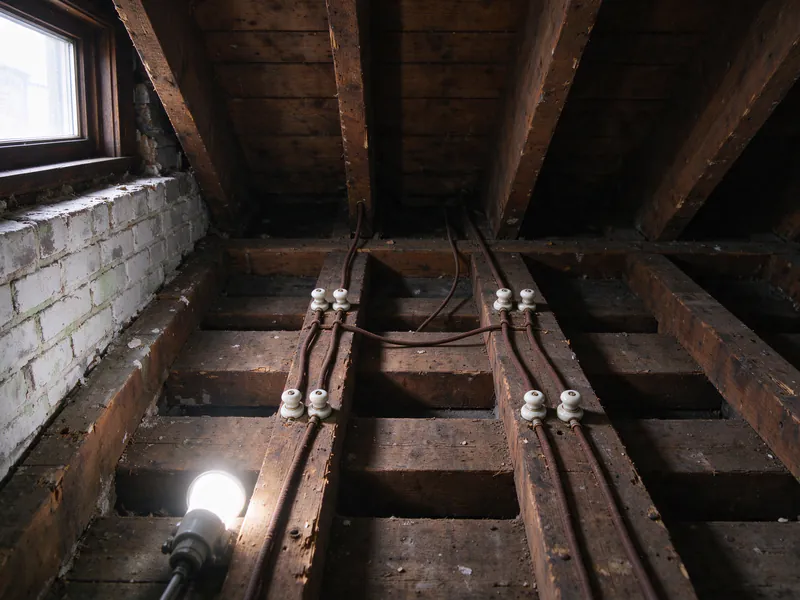 Before: old cloth-covered knob-and-tube wires on porcelain knobs along the joists of an old Philadelphia rowhouse, lit by a bare-bulb work light