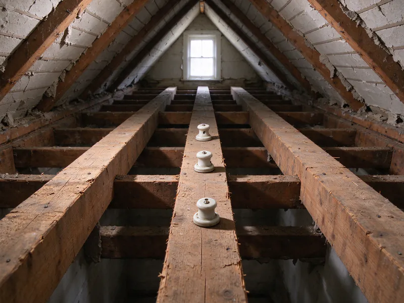 Before: three attic floor joists in an older Philadelphia house with empty old porcelain knobs on the middle joist and no wiring