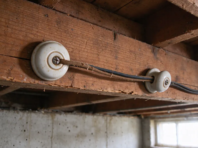 Close view of an old wire on porcelain knobs under a basement joist, its brown cloth braid frayed over the black rubber insulation