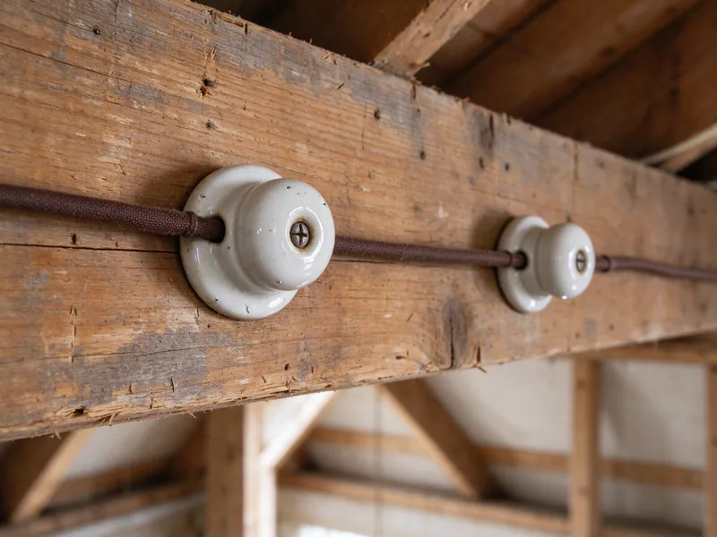 Close view of white porcelain knobs on an attic joist holding an old brown cloth-covered wire