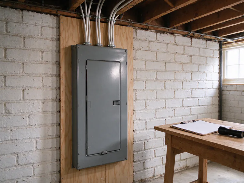 Closed gray breaker panel on a plywood backboard in a whitewashed brick rowhouse basement, with a clipboard and flashlight on a workbench