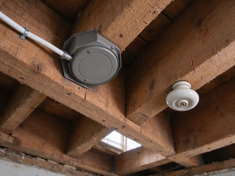Covered round steel ceiling box on a basement joist with a new white cable clamped and stapled, and one empty old porcelain knob in the next bay