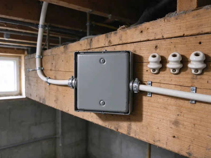 Covered steel junction box on a basement beam with new white cables clamped and stapled, beside three empty old porcelain knobs