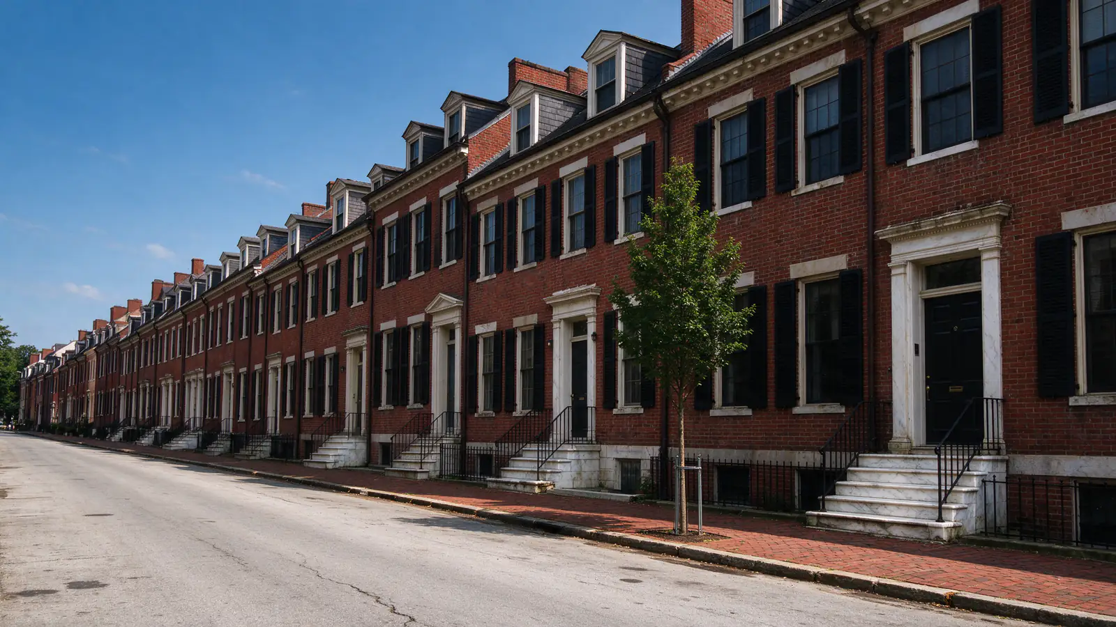 Federal-style brick rowhouses with black shutters and marble steps on a brick-paved street in Society Hill, Philadelphia