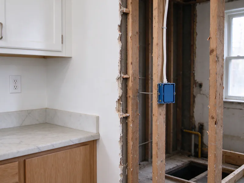Finished kitchen outlet beside a still-open wall section with a new cable stapled to a stud into a blue box