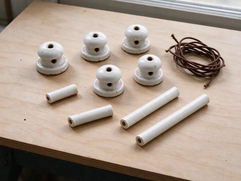 Five removed porcelain knobs, five porcelain tubes and a coil of old brown cloth-covered wire laid out on a plywood workbench