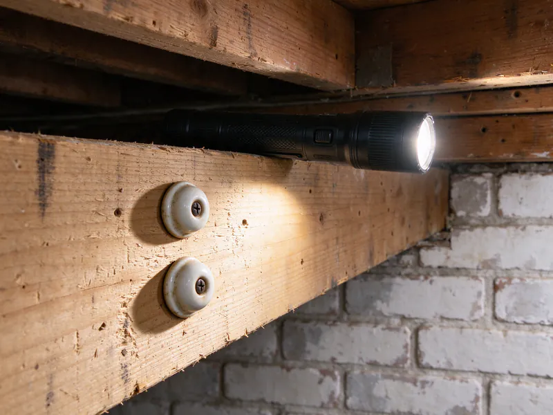 Flashlight resting on a basement beam, lighting two empty old porcelain knobs on the joist beside a whitewashed brick wall