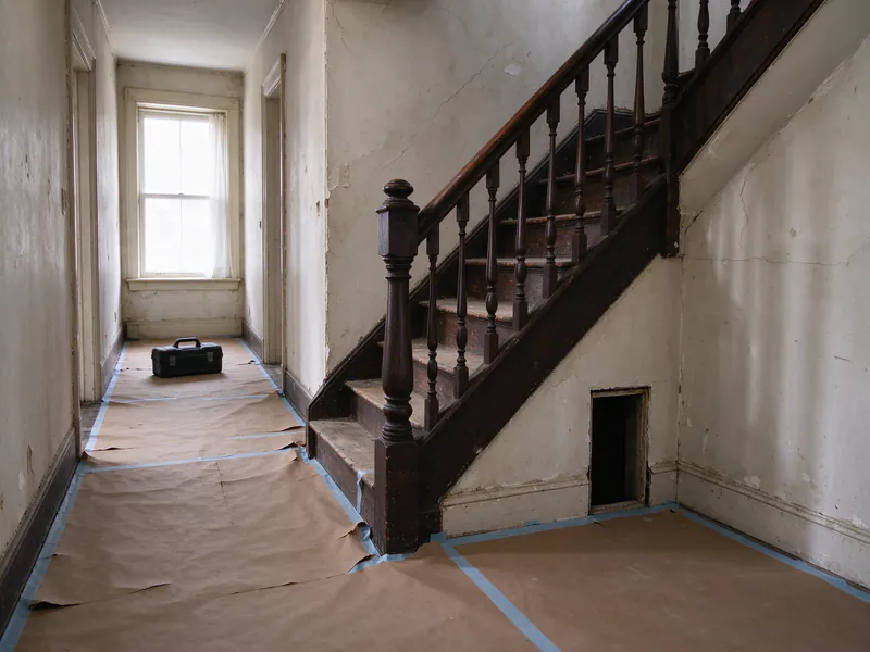 Historic turned-baluster staircase in a long rowhouse hallway with brown paper floor protection, a closed tool case and a small wall access opening