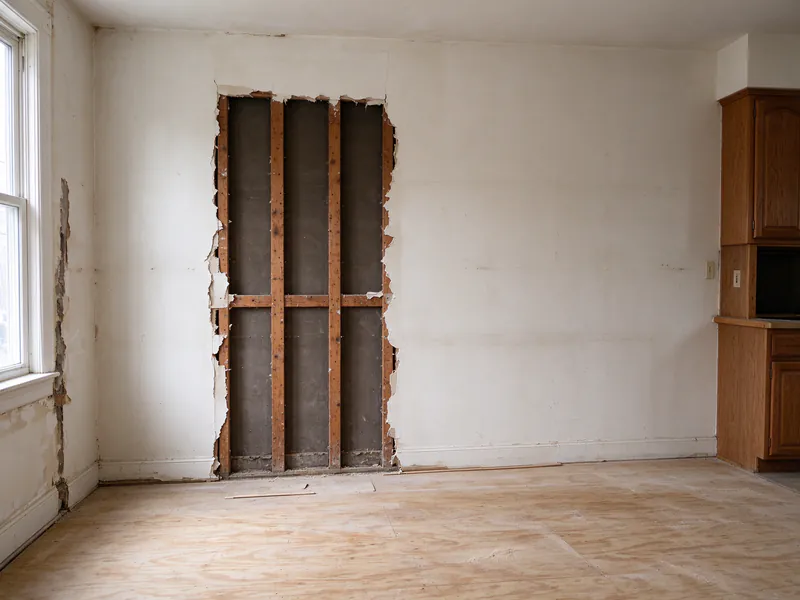 Kitchen in an old Philadelphia rowhouse with one section of plaster removed to expose studs and the rest of the wall intact