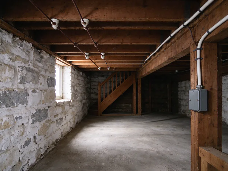 Long fieldstone rowhouse basement with old cloth wires on porcelain knobs across the ceiling and a separate new cable running to a covered junction box on a post