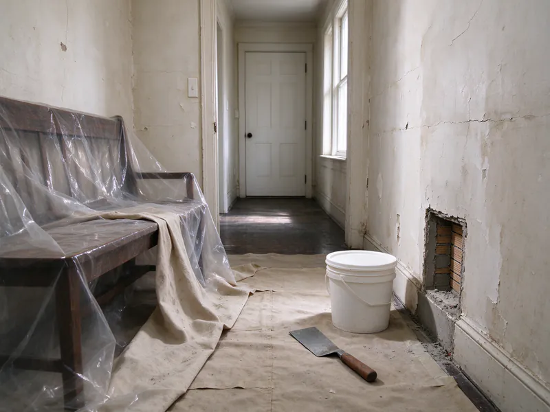 Narrow rowhouse hallway prepared for plaster patching with a bench under plastic, drop cloths, a bucket, a trowel and a small wall opening