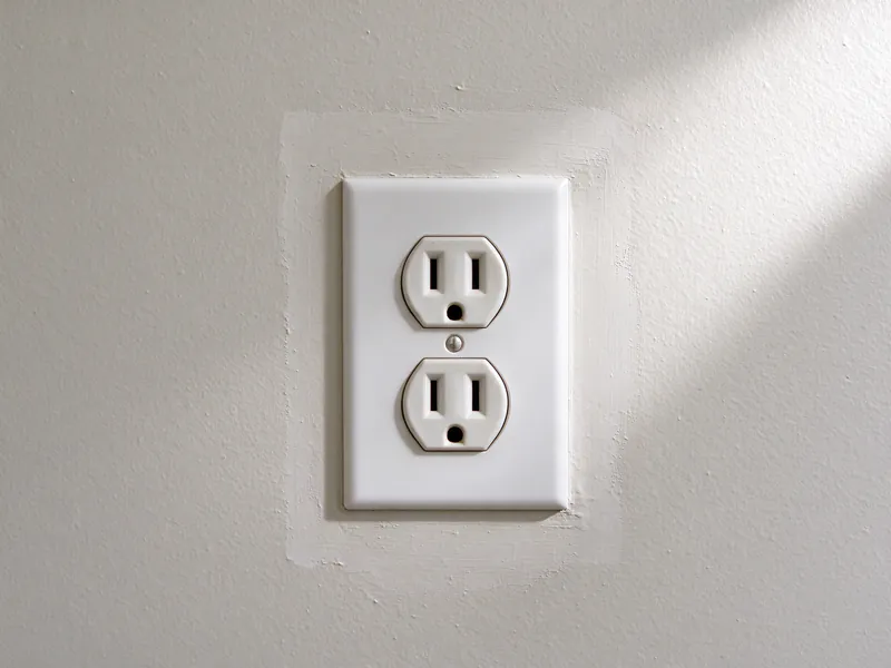 New white outlet in a smooth plaster wall with a blended square patch around the cover plate