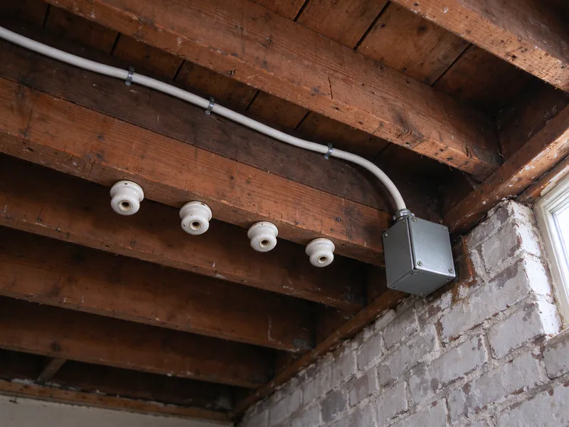 Old Philadelphia rowhouse basement ceiling with four empty porcelain knobs on one joist and a separate new white cable stapled along the framing into a covered steel junction box
