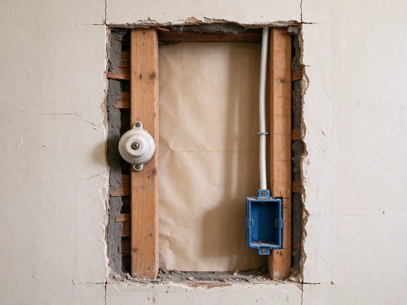 Opened stud bay in a plaster wall with one empty old porcelain knob on the left stud and a new white cable stapled to the right stud into a blue outlet box