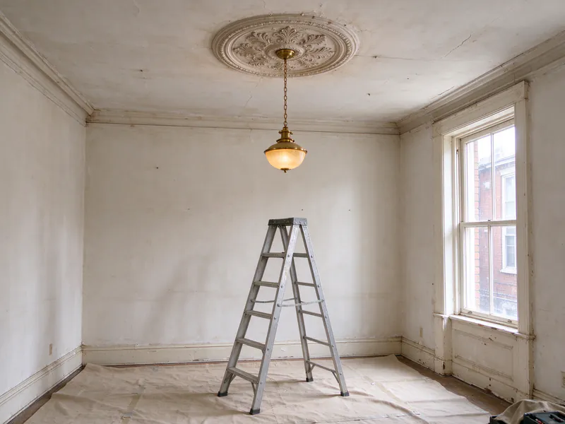 Ornate plaster ceiling medallion with a brass pendant light above an aluminum stepladder on a drop cloth in a historic Philadelphia room