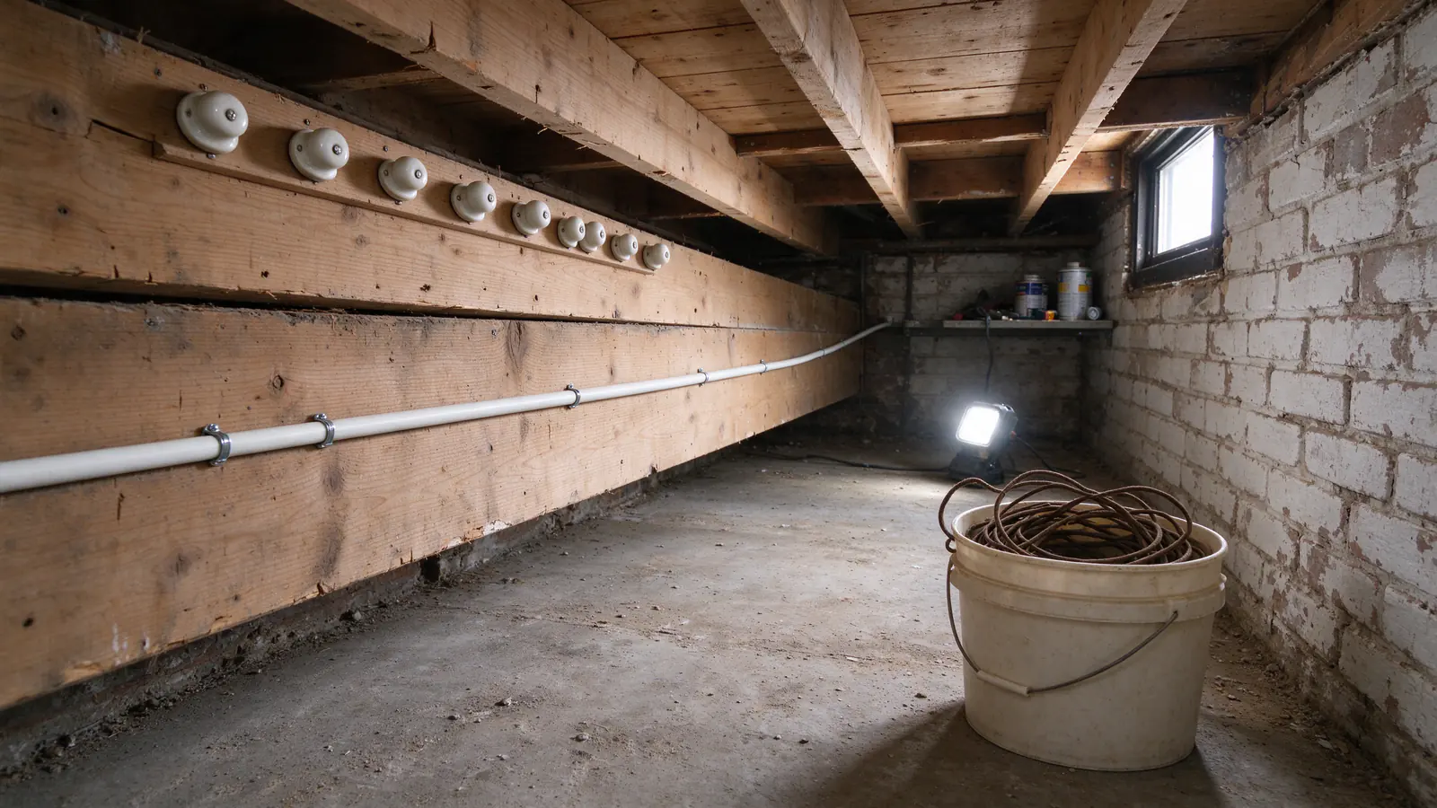 Philadelphia rowhouse basement with a row of empty porcelain knobs left on a joist, a new white cable stapled below, and a bucket of removed old cloth-covered wire