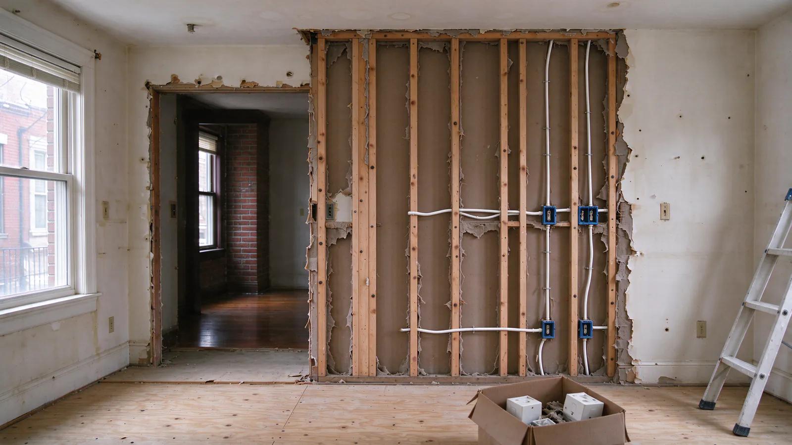 Philadelphia rowhouse kitchen renovation with one wall opened to the studs, new white cables run to blue outlet boxes, a stepladder and a box of parts