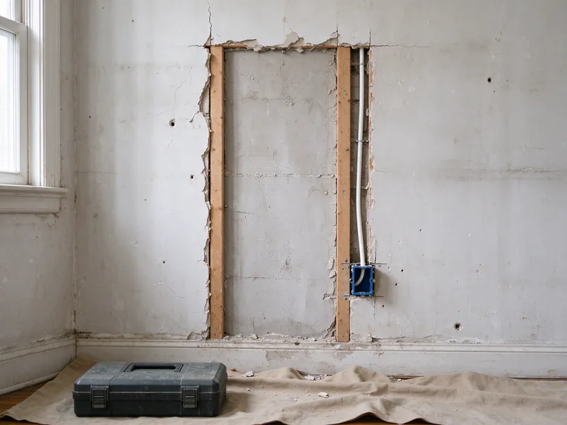 Plaster wall opened between two studs with a new white cable stapled to a stud and running into a blue outlet box, drop cloth and tool case below