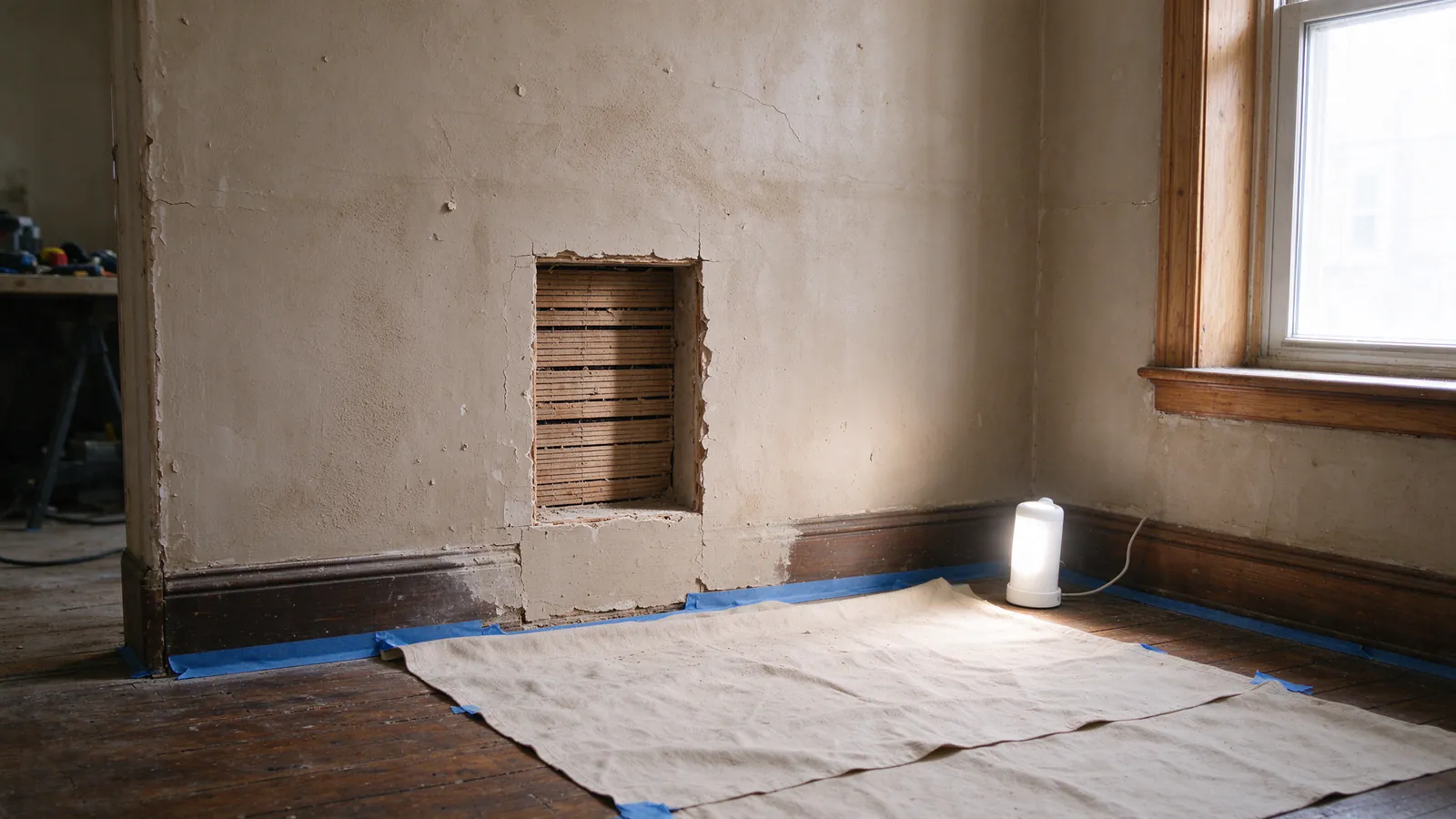 Rectangular access opening in a plaster wall of an old Philadelphia rowhouse showing wood lath, with a drop cloth taped to the floor below