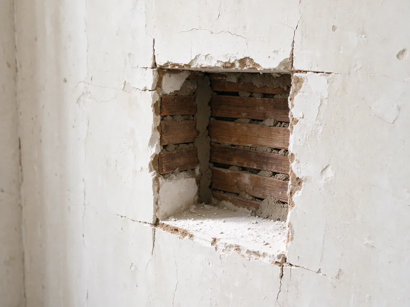 Rectangular opening in an old plaster wall showing the thickness of the plaster over horizontal wood lath