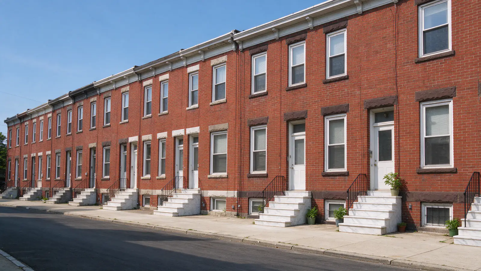 Row of attached two-story red brick rowhouses with white marble front steps on a sunny South Philadelphia street