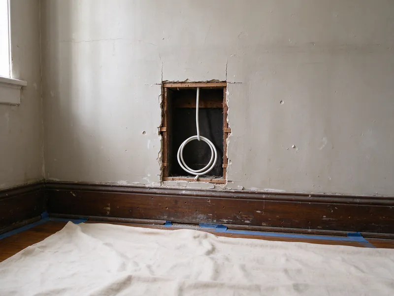 Small rectangular opening in a plaster wall above a dark wood baseboard showing wood lath and a coiled new sheathed cable, with a drop cloth below