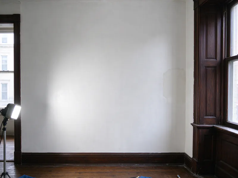 Smooth painted plaster wall with a blended patch beside dark original wood trim in a sunny Philadelphia room