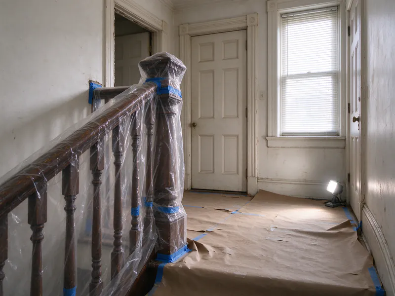 Stair landing in an older Philadelphia house with the wood railing wrapped in plastic and tape, paneled doors and brown paper on the floor