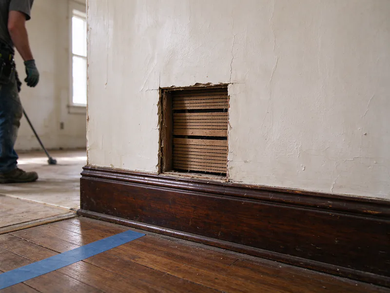 Tall original dark-stained baseboard below a small rectangular plaster opening showing wood lath, with blue tape on the floor