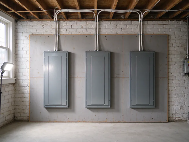 Three closed breaker panels side by side on a backboard in the basement of a converted rowhouse, with cables rising into the joists
