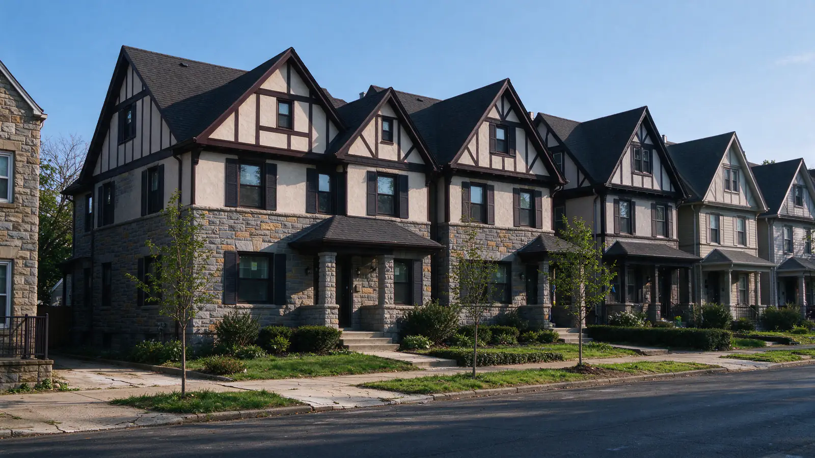 Tudor-revival twin houses with stone lower floors and half-timbered gables in East Falls, Philadelphia