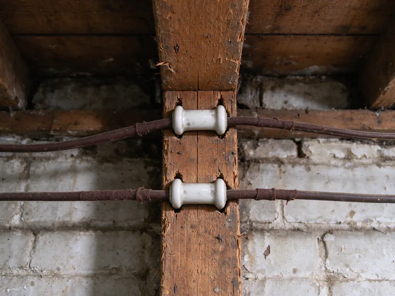 Two old cloth-covered wires passing through white porcelain tubes in a basement joist in front of a whitewashed brick wall