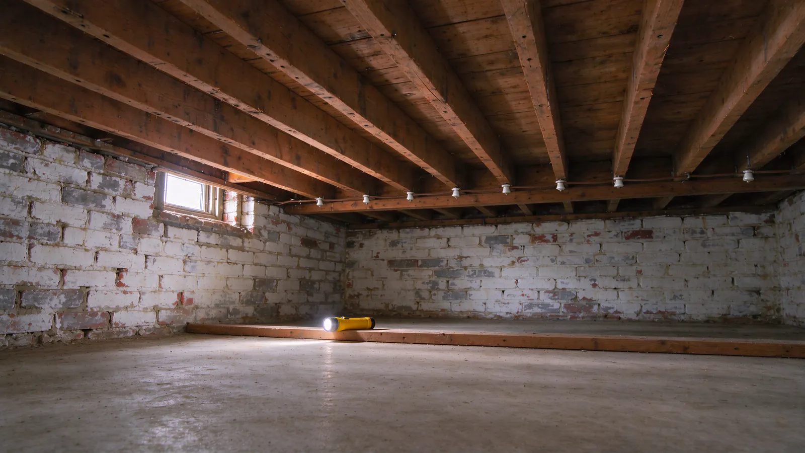 Unfinished Philadelphia rowhouse basement with whitewashed brick walls, original knob-and-tube wiring on white porcelain knobs along a beam, and a flashlight on a board