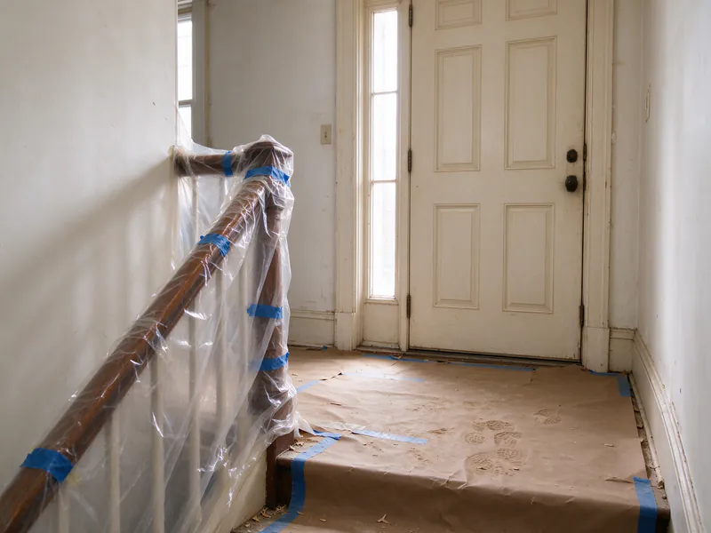 Unit door at the top of a stair with the handrail wrapped in plastic and brown paper taped to the floor