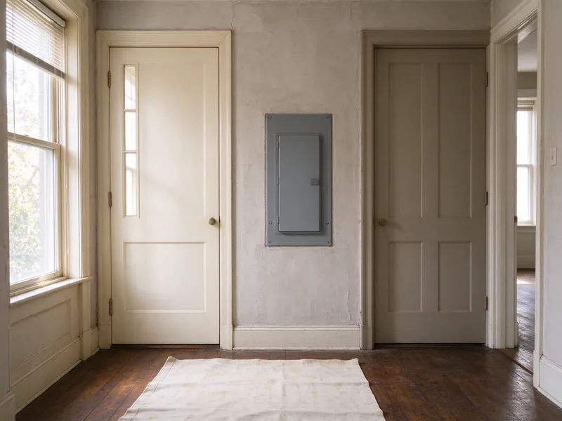 Upstairs hallway between two apartment doors with a closed flush-mounted electrical panel and a drop cloth