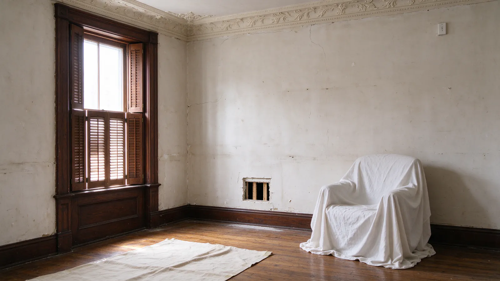 Victorian Philadelphia rowhouse parlor with ornate plaster crown molding, a shuttered window, a sheet-covered armchair and a small access opening above the baseboard