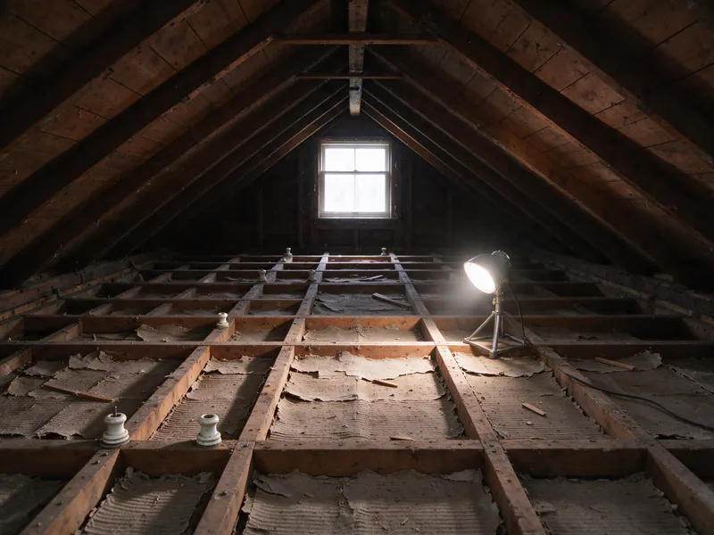 Wide view of an older Philadelphia attic with open floor joists, no insulation, a few empty porcelain knobs and a work light below the gable window