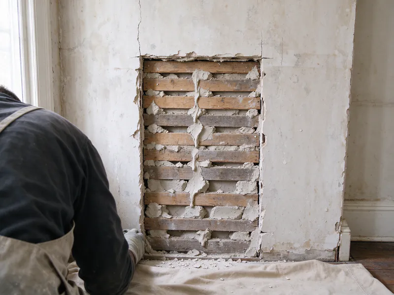 Wood lath and lime plaster keys exposed behind a cut opening in an old plaster wall, with a drop cloth on the floor