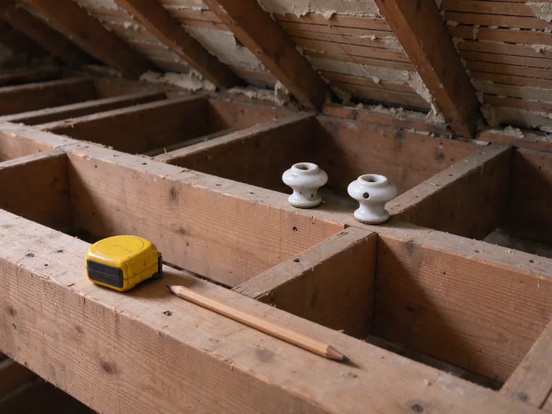 Yellow tape measure and pencil on an attic floor joist beside two empty old porcelain knobs